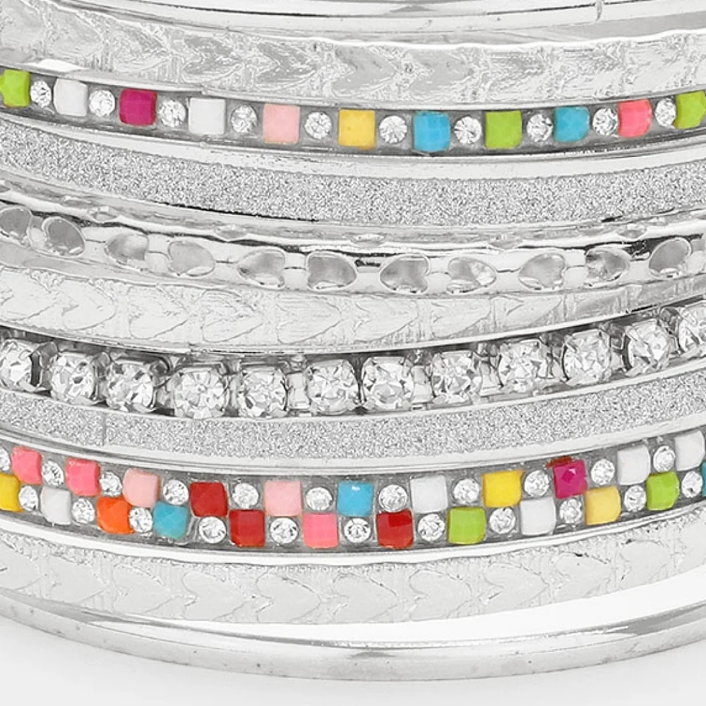 Silver 11 Piece Stack Metal Bangle Bracelets Set Mixed Layered Stone